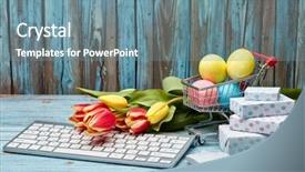  Presentation with shopping trolley - PPT theme featuring mice - colored easter eggs in shopping background and a seafoam green colored foreground