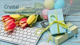  Presentation with shopping trolley - Slide set consisting of mice - colored easter eggs in shopping background and a light blue colored foreground