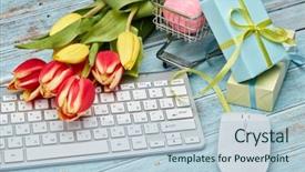  Presentation with shopping trolley - Colorful slide set enhanced with mice - colored easter eggs in shopping backdrop and a lemonade colored foreground