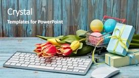  Presentation with shopping trolley - Slide deck having mice - colored easter eggs in shopping background and a seafoam green colored foreground