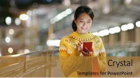  Presentation with mobile use - Cool new slide deck with woman holding with shopping bag and use of mobile phone backdrop and a gold colored foreground