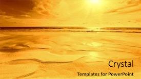  Presentation with nata de coco tropical fruit - PPT layouts having yellow orange blue - tropical beach at sunset nature background and a yellow colored foreground