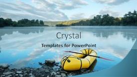  Presentation with boat river - Presentation consisting of yellow-packraft-boat-on-sunrise background and a light blue colored foreground