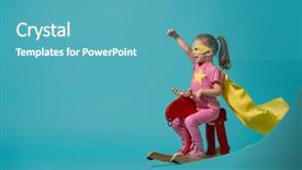  Presentation with child superhero - Audience pleasing presentation theme consisting of yellow pink and turquoise color backdrop and a teal colored foreground
