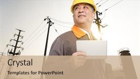  Presentation with oil refinery - Colorful presentation design enhanced with yellow pipeline - old chinese man engineer tablet backdrop and a coral colored foreground