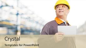  Presentation with oil pipeline - Colorful slide deck enhanced with yellow pipeline - old chinese man engineer tablet backdrop and a lemonade colored foreground