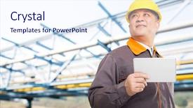  Presentation with oil refinery - Amazing slide deck having yellow pipeline - old chinese man engineer tablet backdrop and a sky blue colored foreground