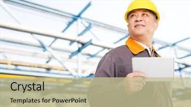  Presentation with old man - Slide deck with yellow pipeline - old chinese man engineer tablet background and a mint green colored foreground