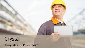  Presentation with old man - PPT layouts having yellow pipeline - old chinese man engineer tablet background and a  colored foreground