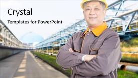  Presentation with old man - Audience pleasing slide set consisting of yellow pipeline - old chinese man engineer backdrop and a sky blue colored foreground