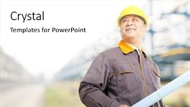  Presentation with oil refinery - PPT theme featuring yellow pipeline - old chinese man engineer background and a  colored foreground