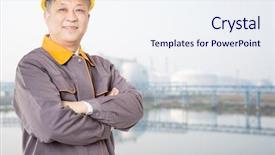  Presentation with oil refinery - Cool new PPT layouts with yellow pipeline - old chinese man engineer backdrop and a sky blue colored foreground