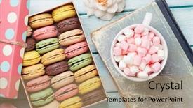  Presentation with an open gift box - Colorful slide deck enhanced with yellow roses book - colorful macaroons in a gift backdrop and a coral colored foreground