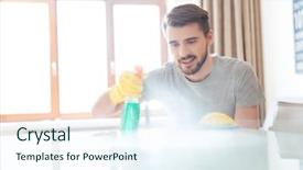  Presentation with rubber gloves - PPT theme featuring yellow rubber gloves cleaning background and a sky blue colored foreground