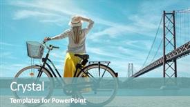  Presentation with hat - Cool new PPT theme with yellow skirt with her city backdrop and a seafoam green colored foreground