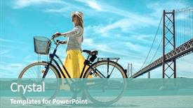  Presentation with winding bridge - PPT layouts with yellow skirt with her city background and a seafoam green colored foreground