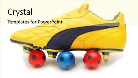  Presentation with yellow color - Amazing presentation theme having yellow soccer footwear and color footballs isolated on white backdrop and a blonde colored foreground