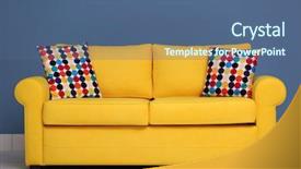  Presentation with blue yellow - Colorful slide set enhanced with yellow sofa and multicoloured pillows backdrop and a ocean colored foreground