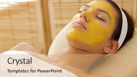  Presentation with facial - Cool new PPT theme with yellow spa massage - close-up of young woman wearing backdrop and a coral colored foreground
