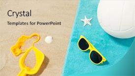 Presentation with beach volleyball - Slide set having yellow sunglasses sand toys seashell background and a lemonade colored foreground