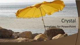  Presentation with beach rocks - Colorful slide set enhanced with yellow sunshade between the rocks on the beach backdrop and a coral colored foreground
