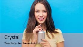  Presentation with yellow paper - Cool new slide deck with yellow t-shirt drinking soda backdrop and a coral colored foreground