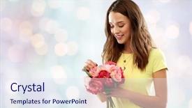  Presentation with flower woman - Presentation design featuring yellow t-shirt with flower background and a sky blue colored foreground