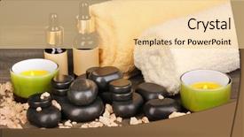  Presentation with table setting - Slide deck having yellow towel - spa setting on wooden table background and a  colored foreground