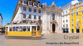  Presentation with tram - Slides having yellow-tram-in-street background and a coral colored foreground