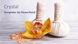  Presentation with tropical flowers - Audience pleasing presentation consisting of yellow tropical orchid flowers and massage bags on light background backdrop and a sky blue colored foreground