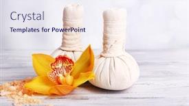  Presentation with tropical flowers - Presentation theme with yellow tropical orchid flowers and massage bags on light background background and a sky blue colored foreground