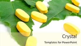  Presentation with green chemistry - PPT theme with yellow vitamin pills over green background and a blonde colored foreground