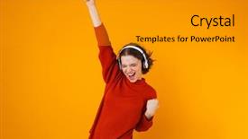  Presentation with listening woman - Cool new slide set with yellow wall background listening music backdrop and a gray colored foreground