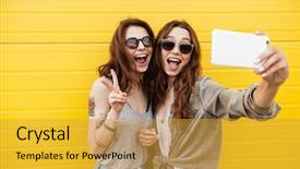  Presentation with selfie - Audience pleasing slide set consisting of yellow wall looking aside backdrop and a gold colored foreground