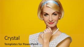  Presentation with blue - Audience pleasing presentation theme consisting of yellow white - beautiful smiling woman in blue backdrop and a gold colored foreground