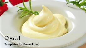  Presentation with mayonnaise - Presentation featuring yellowish - portion of homemade mayonnaise decorated background and a soft green colored foreground