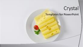  Presentation with helva fresh sliced halva - Presentation design consisting of yellowish - overhead view of emmental cheese background and a  colored foreground