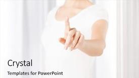  Presentation with finger - Presentation design enhanced with yemplates risk - picture of young woman showing background and a white colored foreground