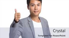  Presentation with asian - Presentation design enhanced with yes thumbs up - asian businessman showing thumb up background and a  colored foreground