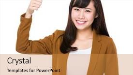  Presentation with asian fitness elderly - Slide deck featuring yes thumbs up - asian young businesswoman with thumb background and a gold colored foreground