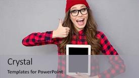  Presentation with yes - Theme consisting of yes thumbs up - portrait of a cheerful woman background and a light gray colored foreground