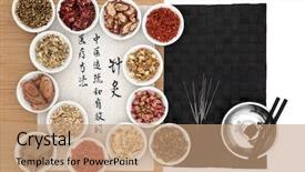  Presentation with chinese medical - Audience pleasing theme consisting of yin yang - traditional chinese medicinal herb ingredients backdrop and a coral colored foreground