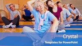  Presentation with group training - PPT theme featuring yoga - group doing stretching exercises background and a teal colored foreground