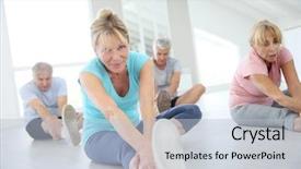  Presentation with stretching - Slide set consisting of yoga - group of senior people doing background and a lemonade colored foreground