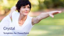  Presentation with aged - Presentation design enhanced with yoga - healthy middle aged woman doing background and a sky blue colored foreground