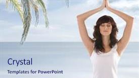  Presentation with fit and cute - Slide deck enhanced with yoga collage - young fit brunette meditating background and a sky blue colored foreground