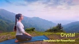 Presentation with hero woman - Slides having yoga exercise outdoors - woman doing yoga asana virasana hero pose in himalayas in india on sunset background and a tawny brown colored foreground