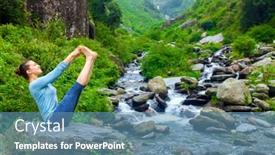  Presentation with waterfall woman - PPT layouts with yoga exercise outdoors - woman doing ashtanga vinyasa yoga balance asana ubhaya padangusthasana big double toe yoga pose at tropical waterfall in himalayas in india background and a teal colored foreground