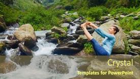  Presentation with waterfall woman - Slides with yoga exercise outdoors - woman doing ashtanga vinyasa yoga balance asana ubhaya padangusthasana big double toe yoga pose at tropical waterfall in himalayas in india background and a tawny brown colored foreground