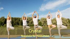 Presentation with tree river - PPT theme with yoga fitness sport and healthy lifestyle concept - group of people in tree pose on mat outdoors on river or lake berth background and a coral colored foreground